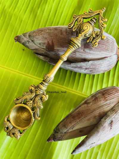 Shanku Chakra with Peacocks Brass ahuti spoon, arathi spoon or yajna/ hawan spoon 