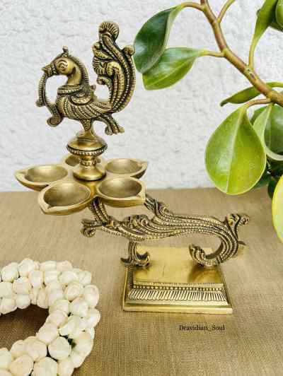 Brass Annapakshi 5 Diyas Lamp with Intricate Carvings