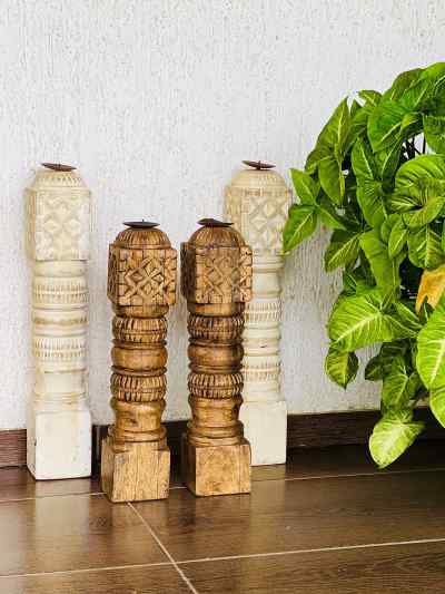 Hand Carved Candle Holder/Stand Pillars (Brown Wood shade-medium)