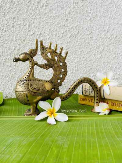 Large Peacock Brass Sambrani / Dhoop Dani / Loban with handle