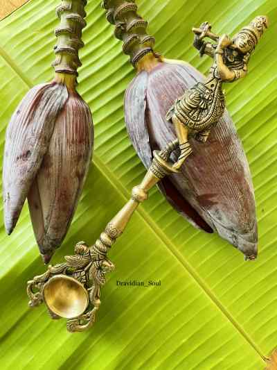 Lord Krishna with Peacocks Brass Ahuti spoon, Arathi spoon or Yajna/ hawan spoon 